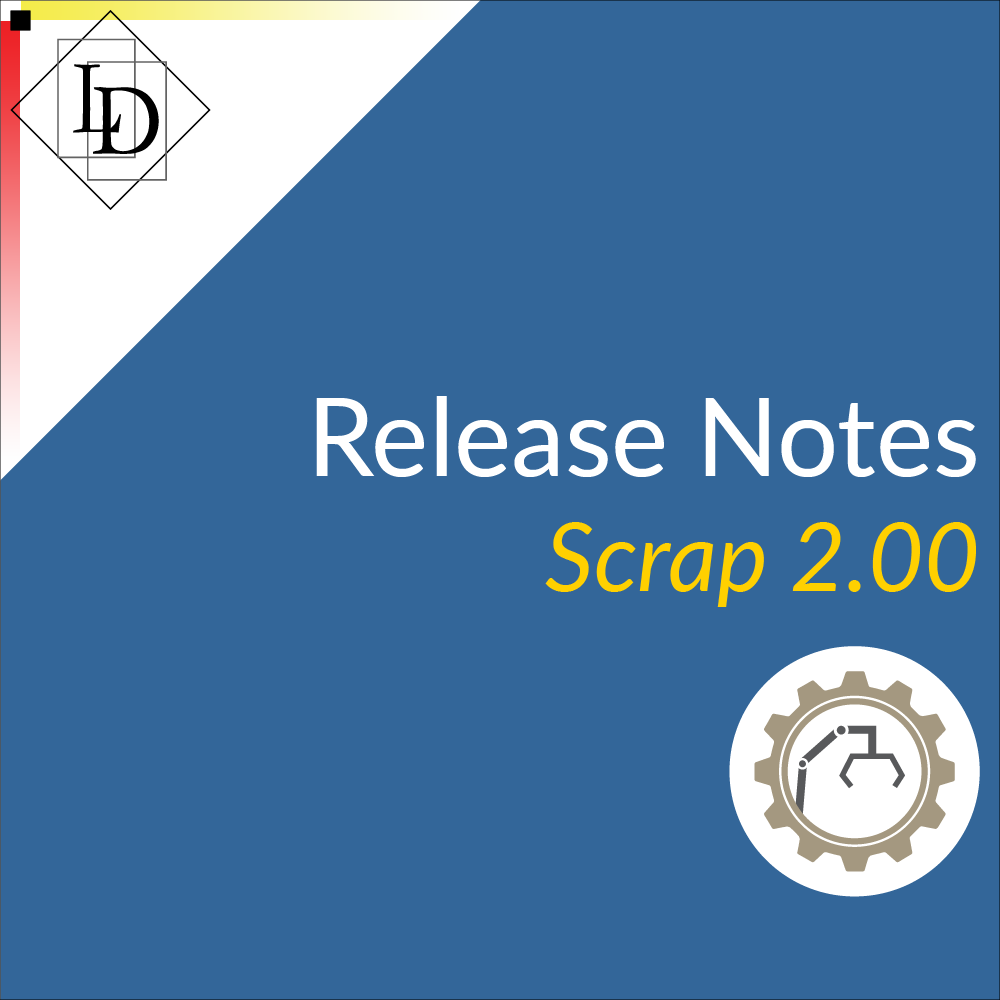 The thumbnail is decorative. A blue card with Logical Developments logo in the top left corner on a white background. The Logical Developments logo is a diamond with the letters L and D inside of it. The letters are offset from each other vertically while also overlapping horizontally. The each sit inside of their own rectangle. The thumbnail has the title printed on it - "Release Notes: Scrap 2.00". 

Sitting beneath the title sits the Scrap logo inside of a white circle. The Scrap logo is a claw arm that would pick up and move large pieces of scrap metal.